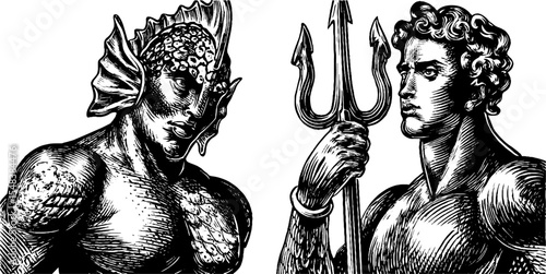 Mythical merfolk guardians with trident in detailed black and white artwork