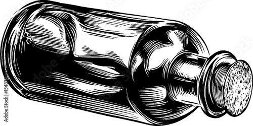 Black and white sketch of a corked bottle with message for retro nautical design