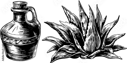 Mezcal bottle and agave plant with vintage motif for design and decoration