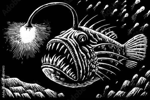 A glowing anglerfish with extended light lure in dark ocean depths, a black and white sketch vector