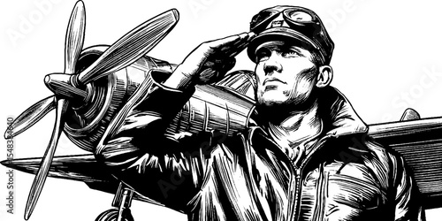 Vintage pilot saluting beside propeller plane for retro aviation design