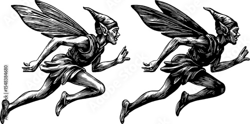 Enchanting pixie pranksters scattering dust - black and white design for fantasy art