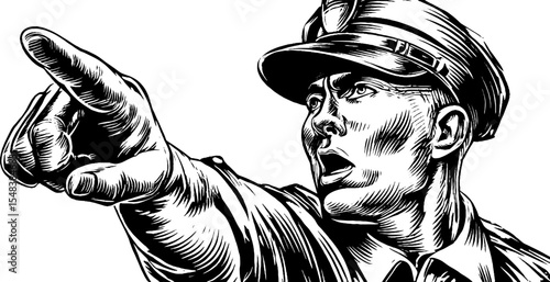 Vintage black and white police officer directing traffic illustration for retro design