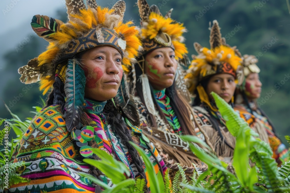Fototapeta premium A group of individuals adorned in colorful traditional clothing, featuring intricate patterns and feathers, stands proudly in a lush green environment