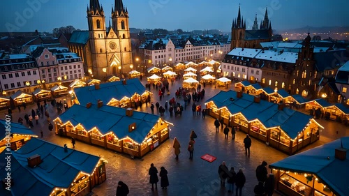 Aerial view of festive Christmas market with glowing yellow lights in European town square during nighttime