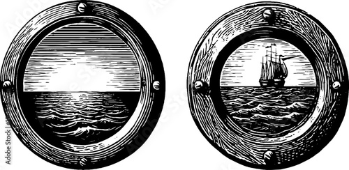 Nautical porthole views of sea horizon with ship and sunset design for decoration or print