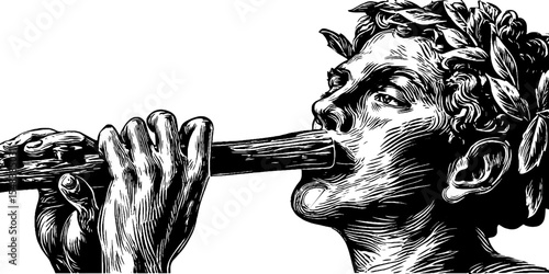 Satyr musician playing wooden flute in vintage style for art and design