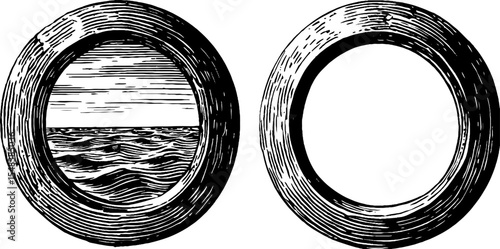 Nautical porthole designs with sea horizon for vintage decor and design projects