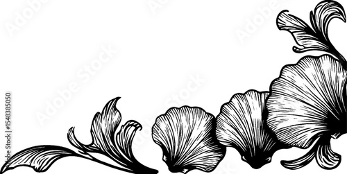Elegant scallop shell corner flourish design in black and white for decorative projects