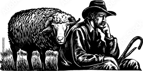 Vintage shepherd resting with crook and sheep silhouette for rustic design