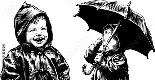 Smiling child in raincoat holding umbrella - vintage hand drawn design for prints and posters