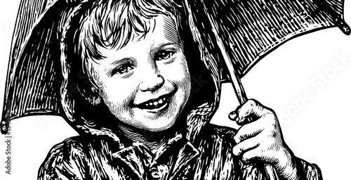 Cheerful child in raincoat holding umbrella for autumn fun