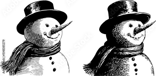Snowman in scarves and carrot noses silhouette for winter holiday design