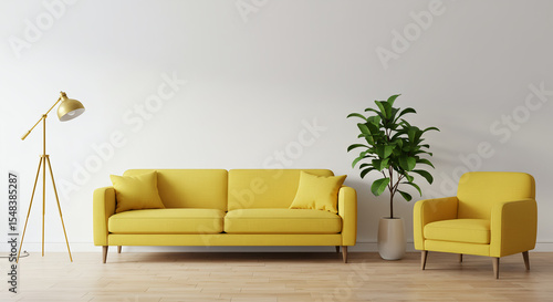 Living room with fabric yellow sofa,yellow armchair,lamp and green plant in vase on white wall background. 3d rendering