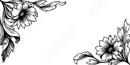 Elegant floral stitch corner design in black and white for decorative crafts