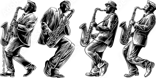 Jazz musicians saxophone performance vintage silhouettes for retro design