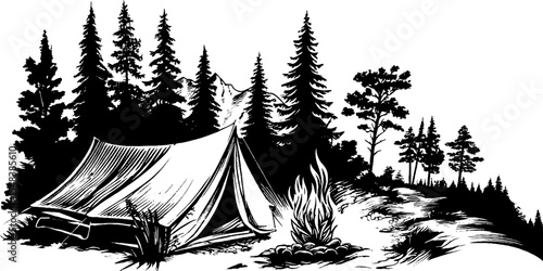 Tranquil camping scene with tent and campfire under starry forest sky illustration
