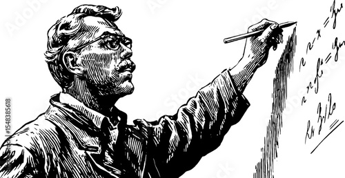 Vintage teacher writing equations on chalkboard hand drawn design for educational materials