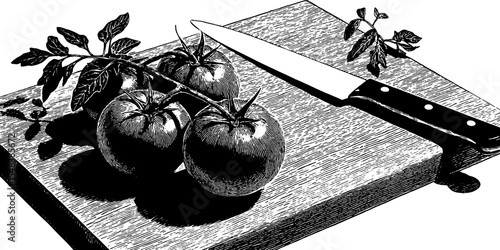 Vintage kitchen illustration: tomato vine on wooden chopping board with knife