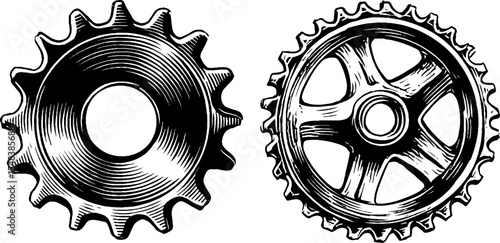 Vintage gear wheels with toothed rim and spoke for mechanical design and decoration