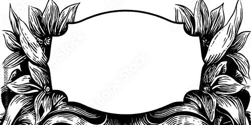 Tribal mask design with octagonal frame and floral elements in black and white