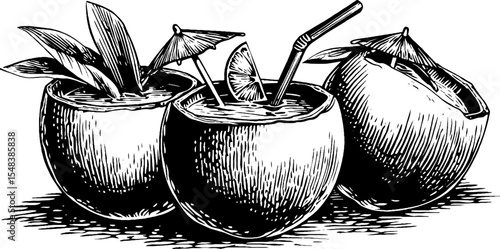 Tropical coconut cocktails with umbrellas and leaves for summer celebration design