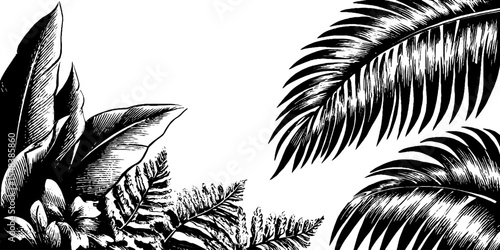 Tropical palm frond corner and fern border design for print, card, poster