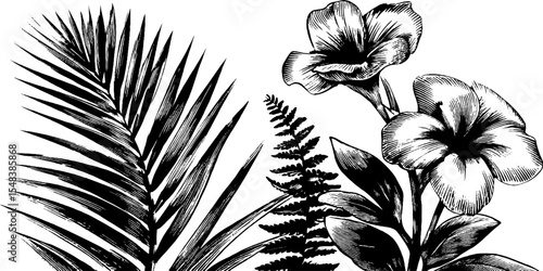 Tropical palm frond corner and fern border design for print