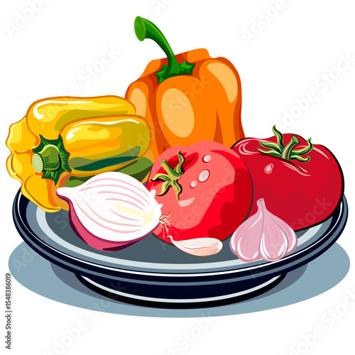 vegetables on a plate pepper tomatoes garlic onion