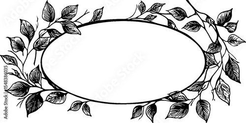 Elegant vine and leaf oval frame design in black and white for decoration and crafting