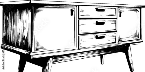 Vintage hand drawn lacquer sideboard with birch accents for retro interior design
