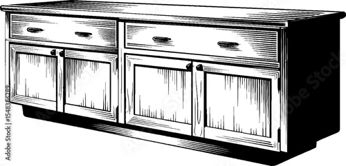 Vintage white lacquer sideboard with birch accents - hand drawn sketch for retro design