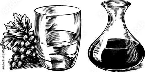 Vintage wine decanter and glass with grape swirl design for elegant decor