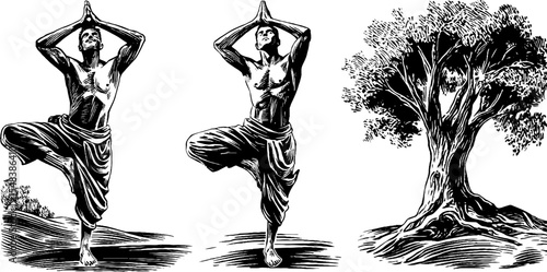Yoga practitioner in tree pose with tree sketch - black and white design for inspiration