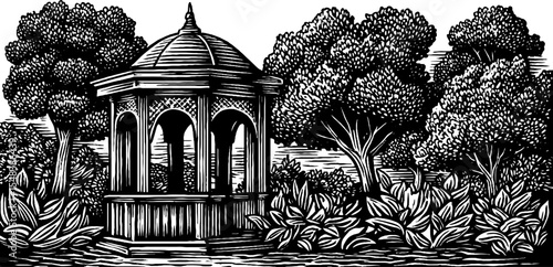 Shaded garden gazebo amid lush shrubs in black and white design for print