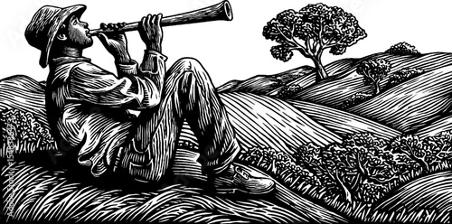 Shepherd boy playing flute on hillside black and white illustration