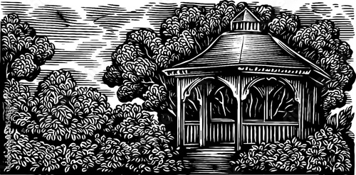 Serene garden gazebo in shaded shrubs black and white design for poster or card