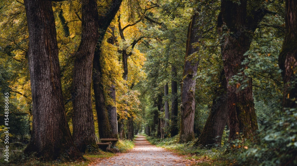 Naklejka premium Forest pathway serene autumn scene of trees and sunlight