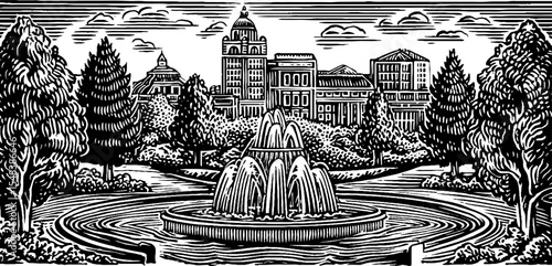 Serene cityscape with fountain jets in sunlit plaza for retro design