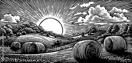 Sunrise over rolling hay bales in black and white rural landscape