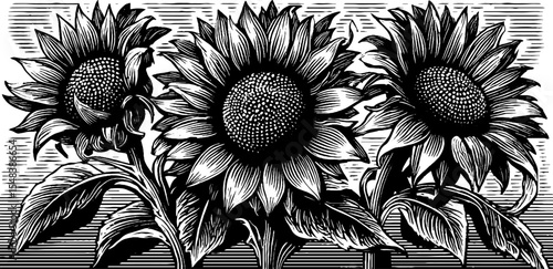 Sunflowers embrace morning sunlight in black and white woodcut design