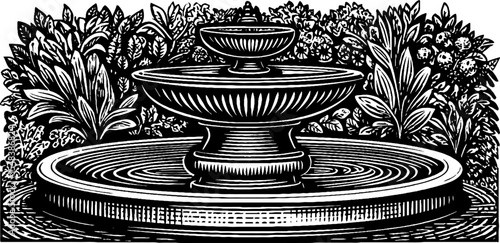 Vintage black and white garden urn fountain as courtyard centrepiece for classical design