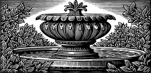 Ornate urn fountain as courtyard centerpiece in vintage style sketch