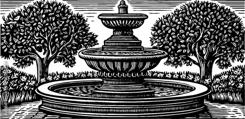 Urn fountain as courtyard centerpiece - vintage black and white garden illustration
