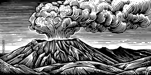 Volcanic crater emitting smoke plume in vintage black and white design for prints