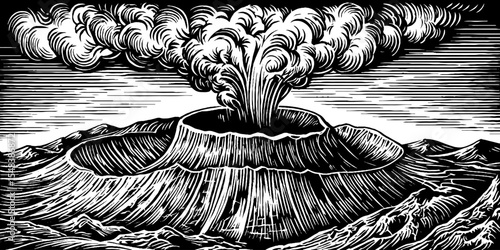 Volcanic crater with wafting smoke plume in black and white vintage design for posters