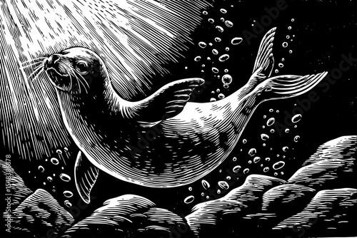 seal diving underwater with bubbles and joyful energy, a black and white sketch vector