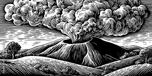 Volcanic crater erupting smoke plume in vintage hand drawn style for retro design