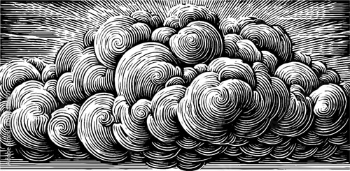 Whirling cyclone cloud spiral in black and white woodcut design for retro art print