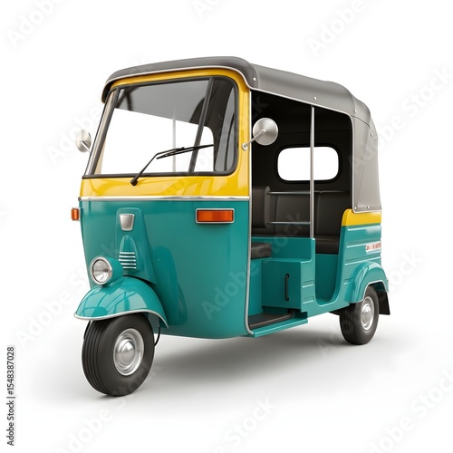 Colorful Teal Auto Rickshaw on White Background Transportation